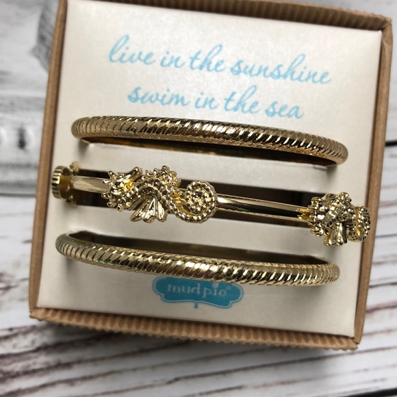 NWT Mudpie Gold Seahorse Bangle Bracelet Set - Picture 2 of 6